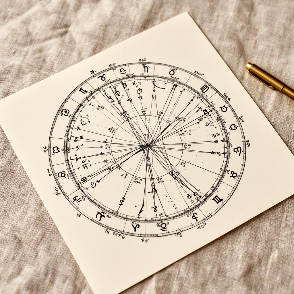 A plotted natal birth chart in fine black ink on cream paper.