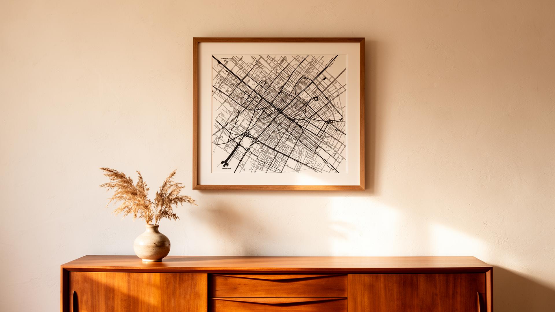 A framed black-ink line-art city map hanging above a mid-century sideboard.